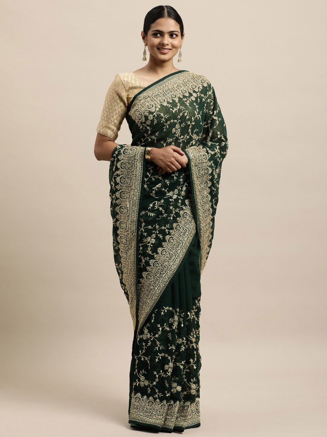 

kasee Green & Gold-Toned Floral Embroidered Pure Georgette Saree