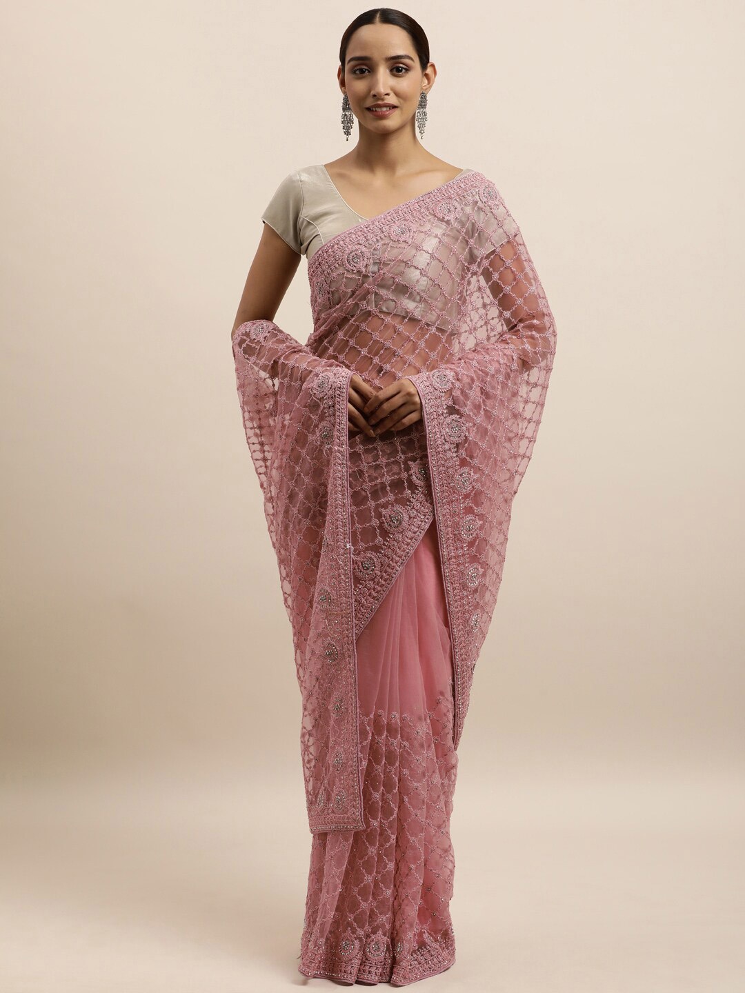 

kasee Pink & Silver-Toned Floral Embroidered Net Saree