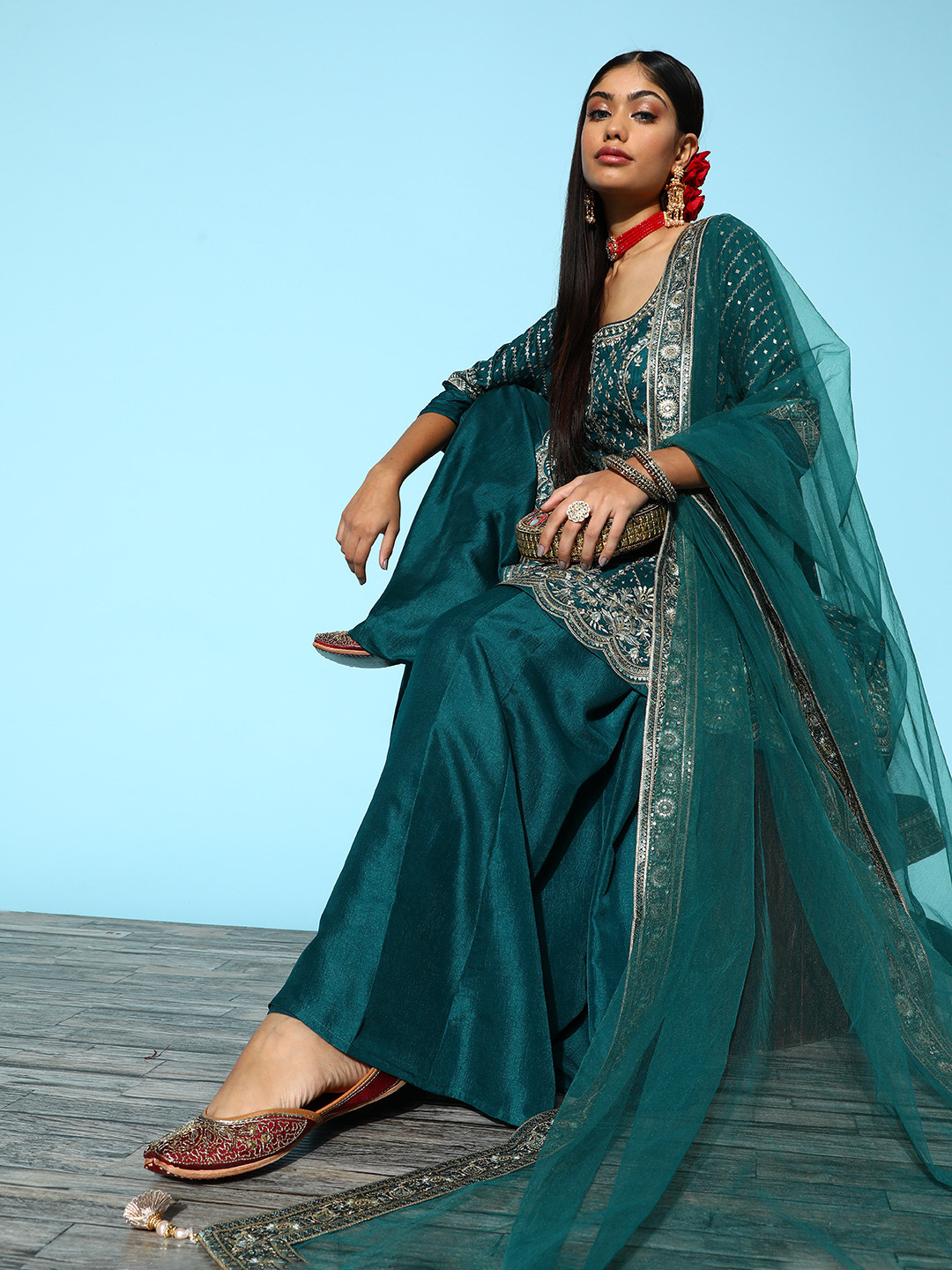 

Libas Women Ethnic Motifs Pure Silk Hyper Texture Kurta Set, Teal