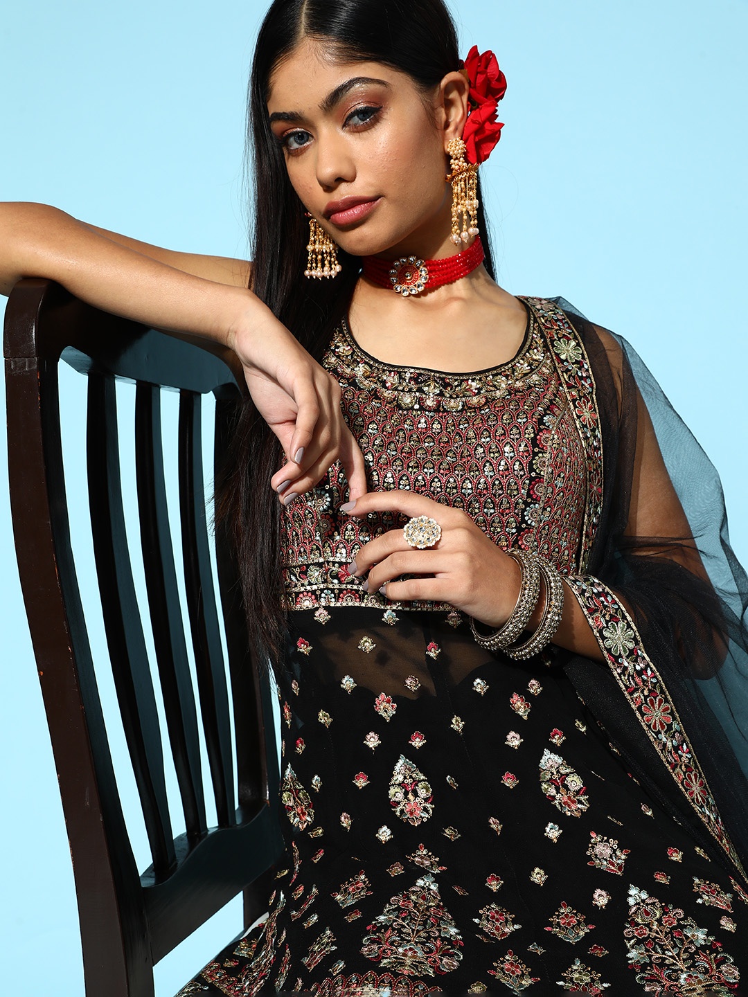 

Libas Women Ethnic Motifs Poly Georgette Shimmer & Sequin Kurta Set, Black
