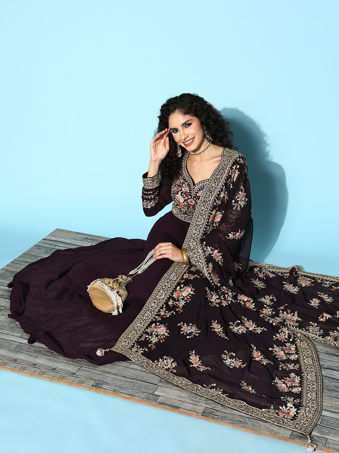 

Libas Women Floral Textured Georgette Kurta Set, Purple