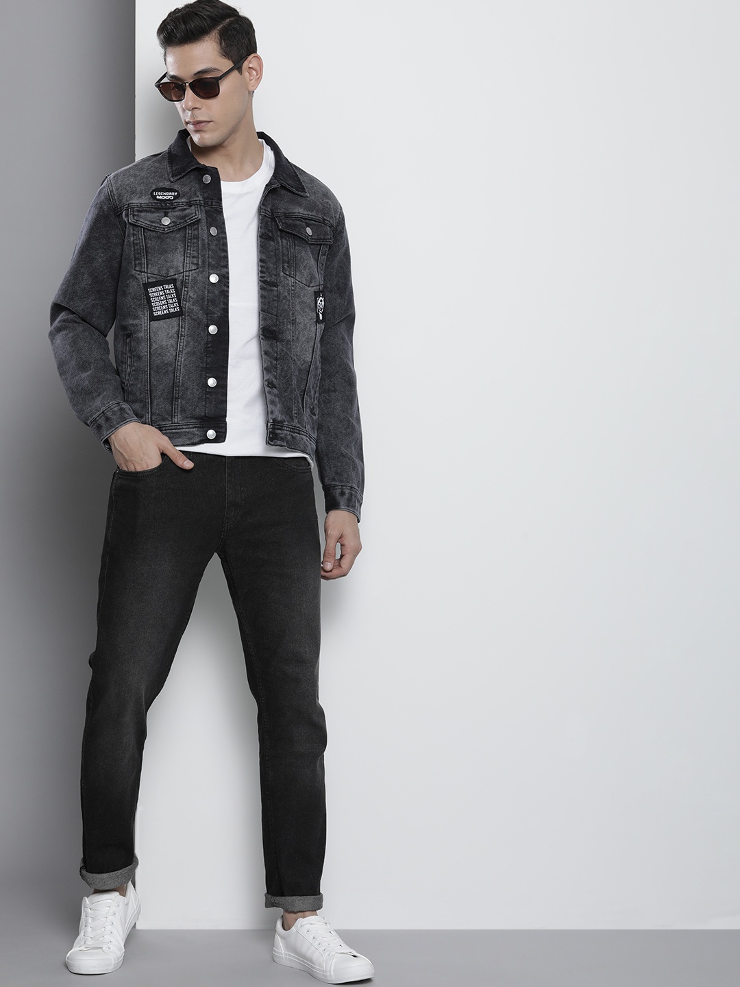

The Indian Garage Co Men Black Outdoor Denim Jacket with Patchwork