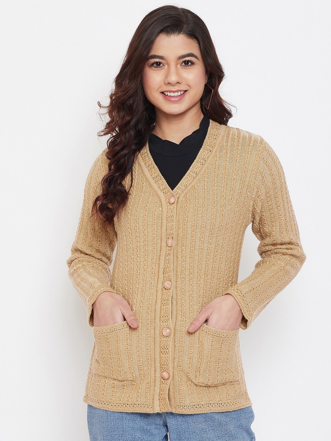 

Zigo Women Beige Cable Knit Woolen Cardigan
