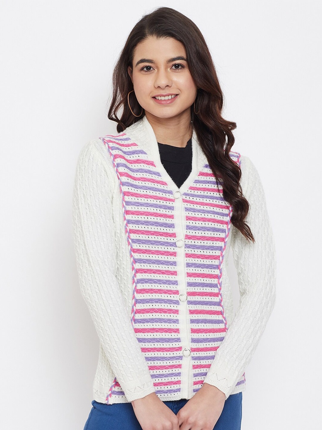 

Zigo Women White & Purple Cable Knit Woolen Cardigan