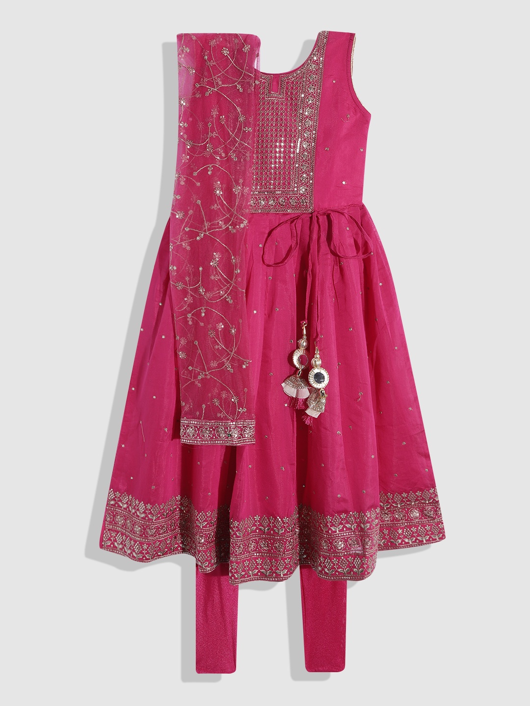 

YK Girls Magenta Ethnic Motifs Embroidered Thread Work Kurta with Churidar & With Dupatta