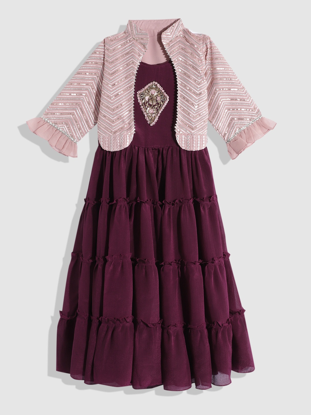 

YK Burgundy Tiered Applique A-Line Maxi Dress with Jacket