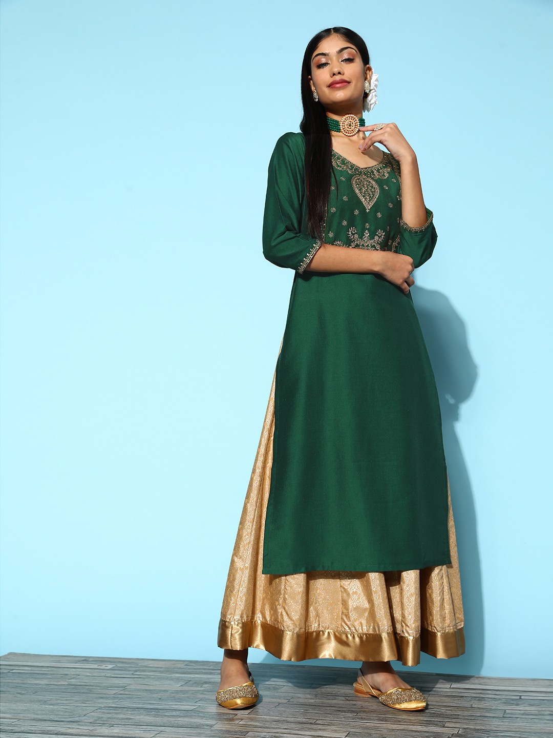 

Libas Women Bright Green Silk Hyper Texture Kurta