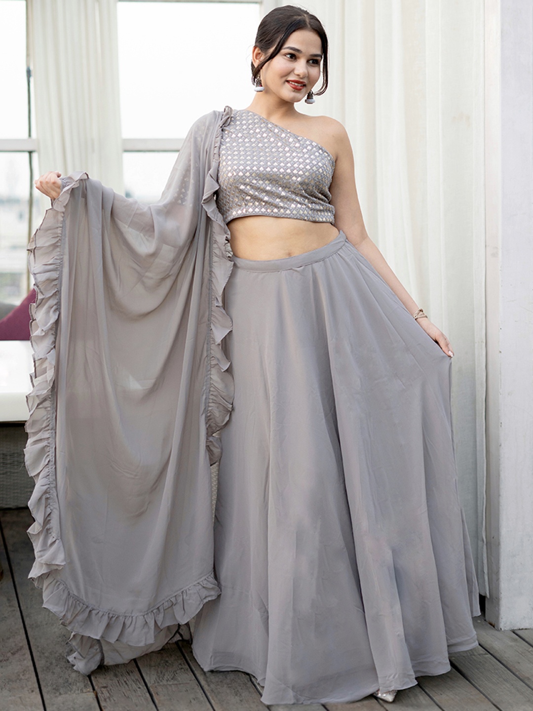 

Libas Grey Embroidered Sequinned Ready to Wear Lehenga with Blouse & Dupatta & Potli