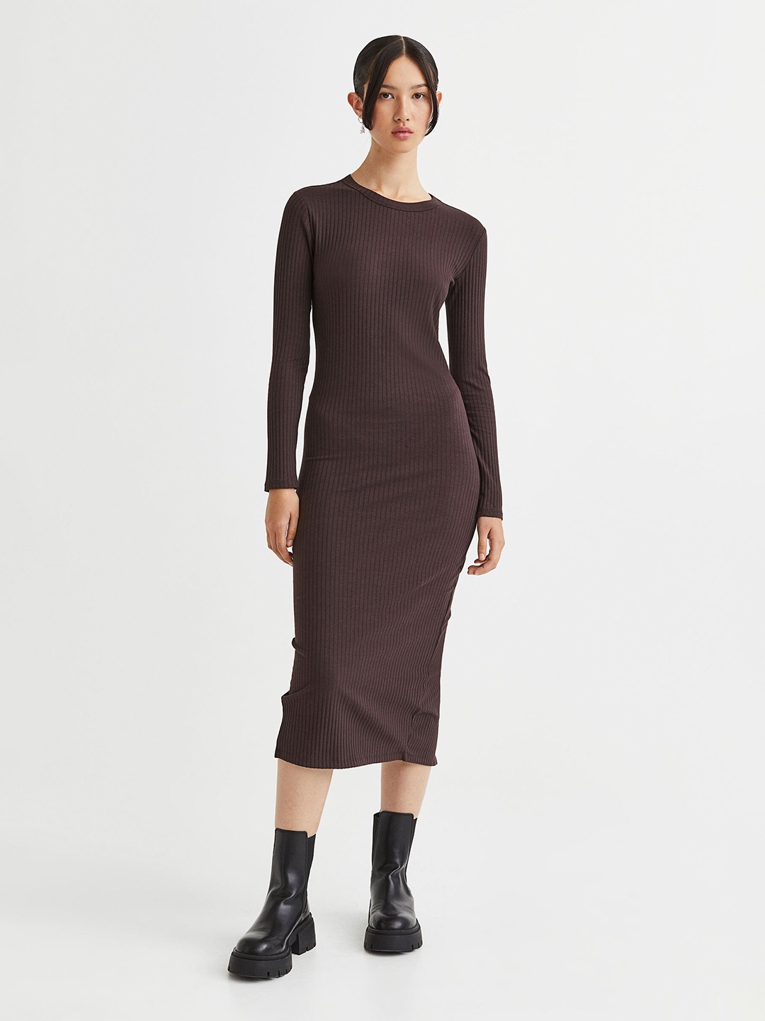

H&M Women Ribbed Bodycon Dress, Brown