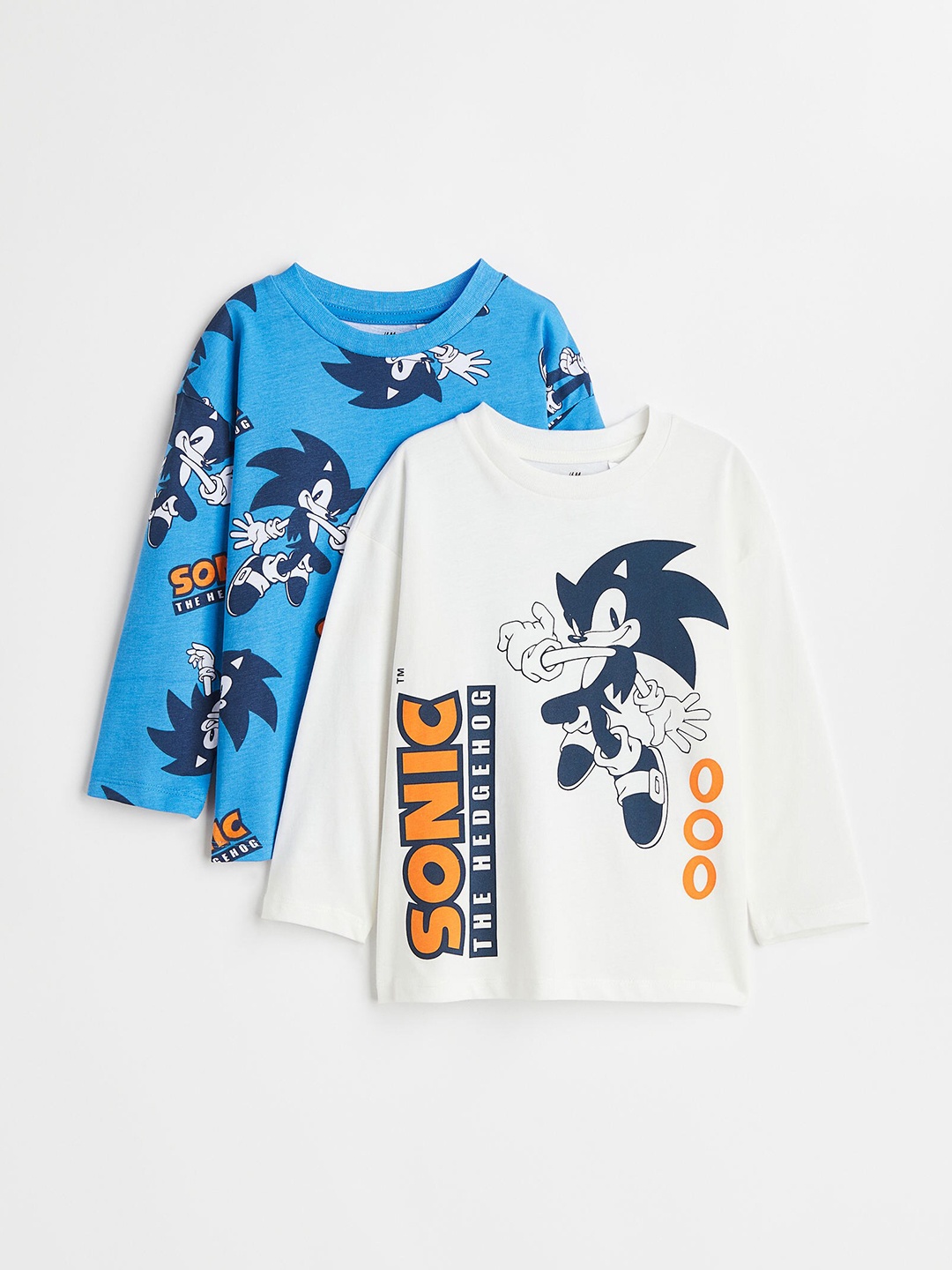 

H&M Boys 2 Pack Blue & White Long-Sleeved Printed Cotton Tops