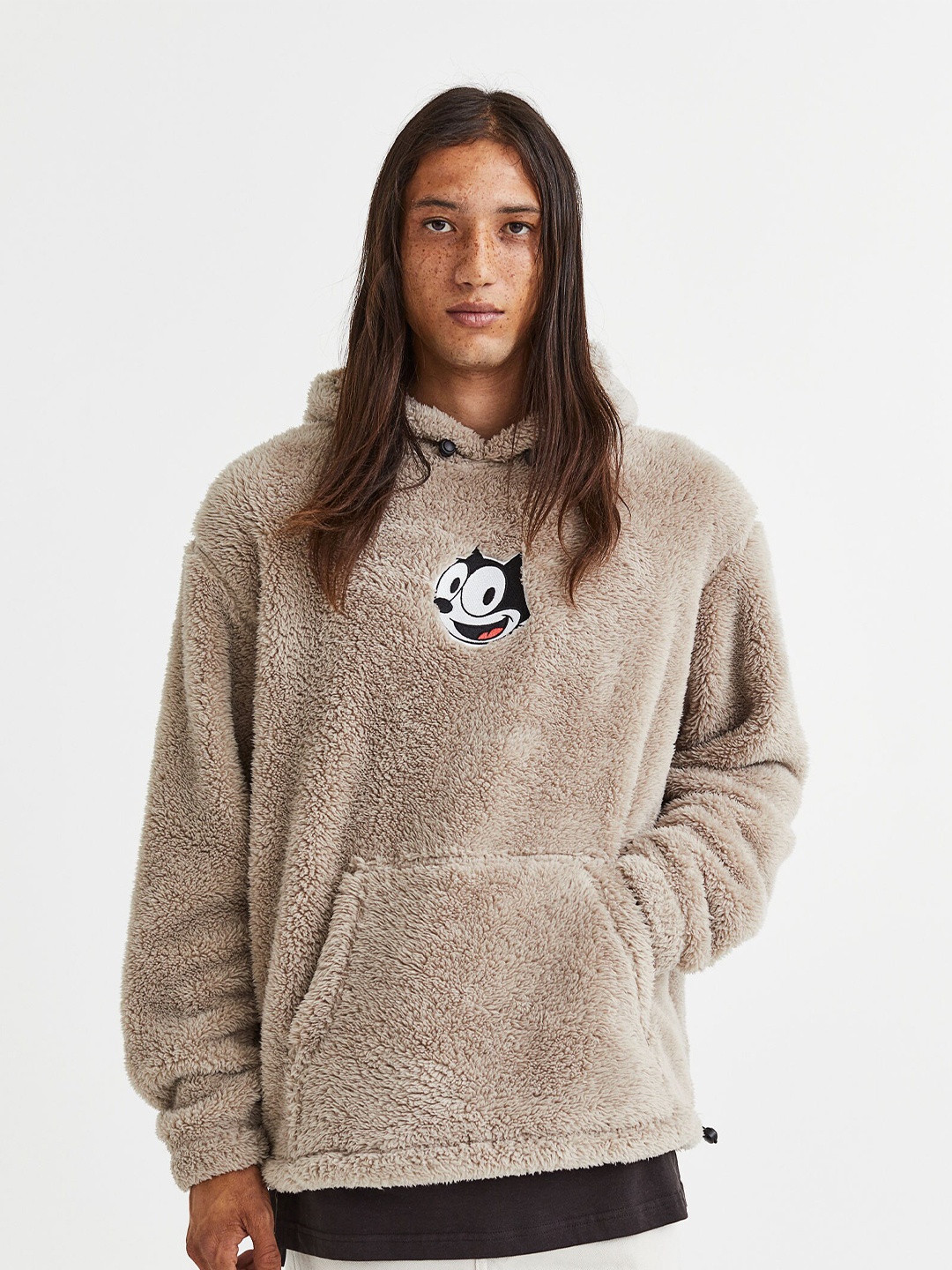 

H&M Men Printed Hooded Sweatshirt, Beige