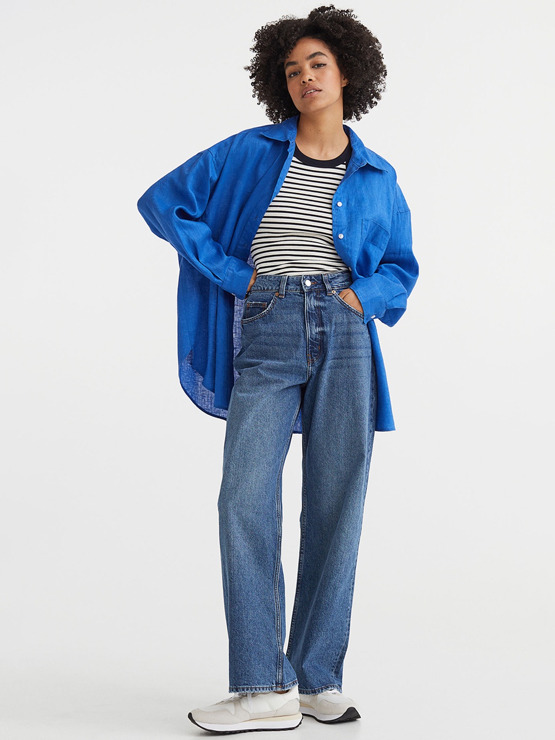 

H&M Women Blue Pure Cotton Loose Straight High Jeans