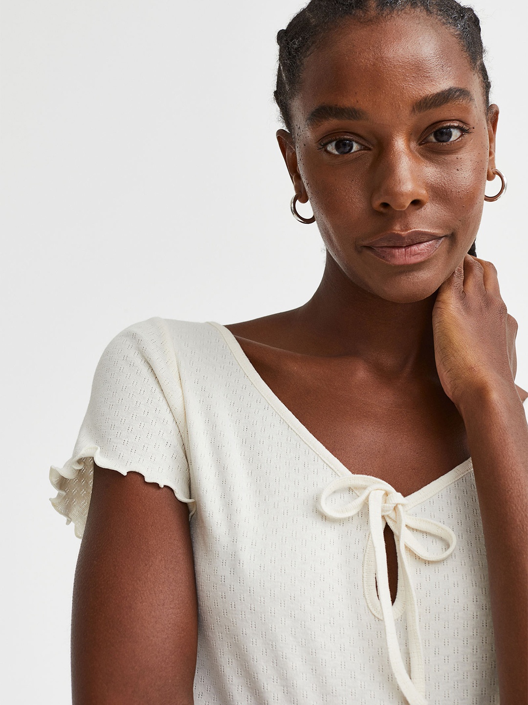 

H&M Women Off-White Open Knit Pointelle jersey top