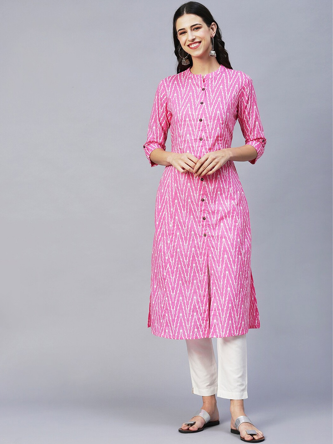 

FASHOR Women Pink Chevron Printed A-Line Cotton Kurta
