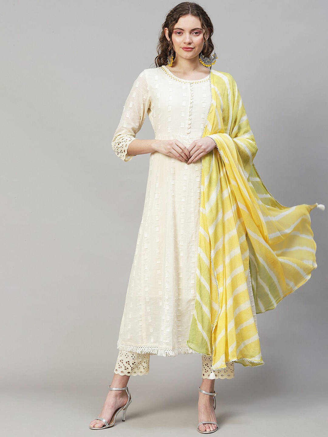 

FASHOR Women Off White Pure Cotton Kurta with Trouser & Dupatta