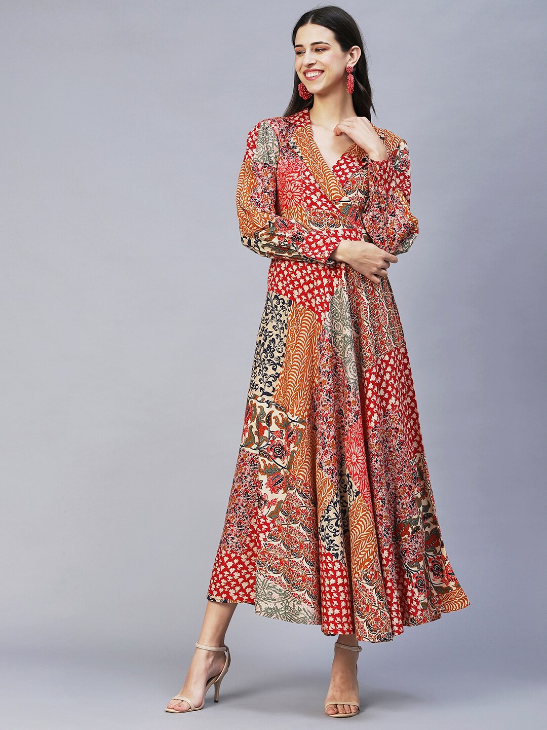 

FASHOR Women Red & Brown Printed Maxi Wrap Dress
