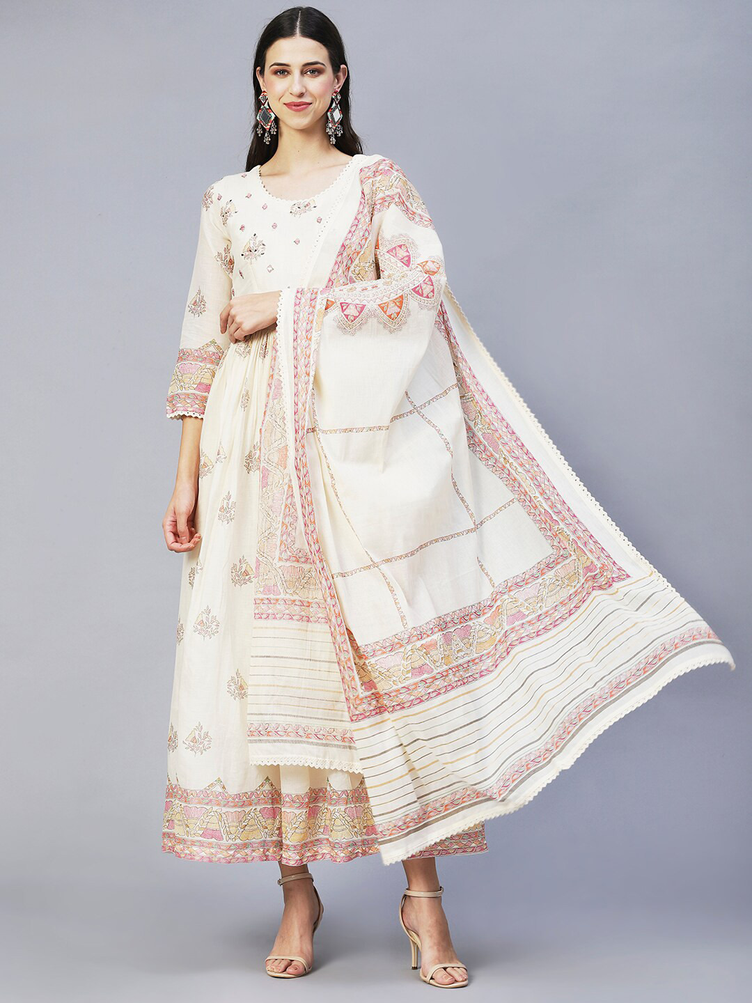 

FASHOR Women Off White & Pink Embroidered Cotton Anarkali Kurta With Dupatta