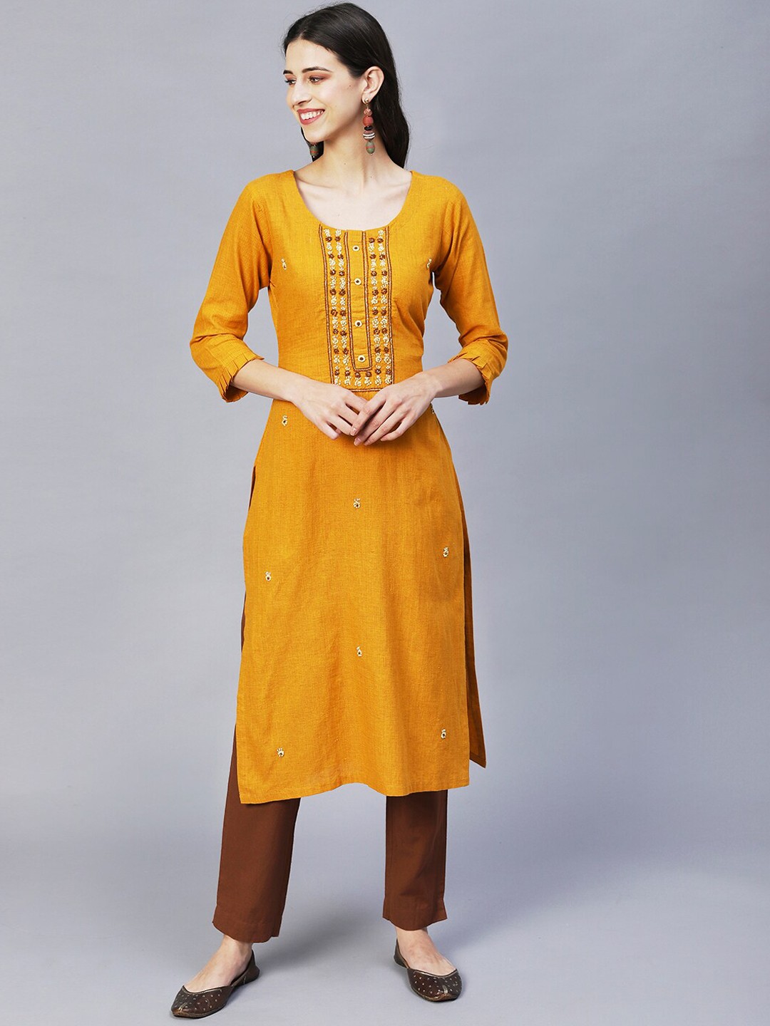 

FASHOR Women Mustard Yellow Embroidered Thread Work Cotton Kurta