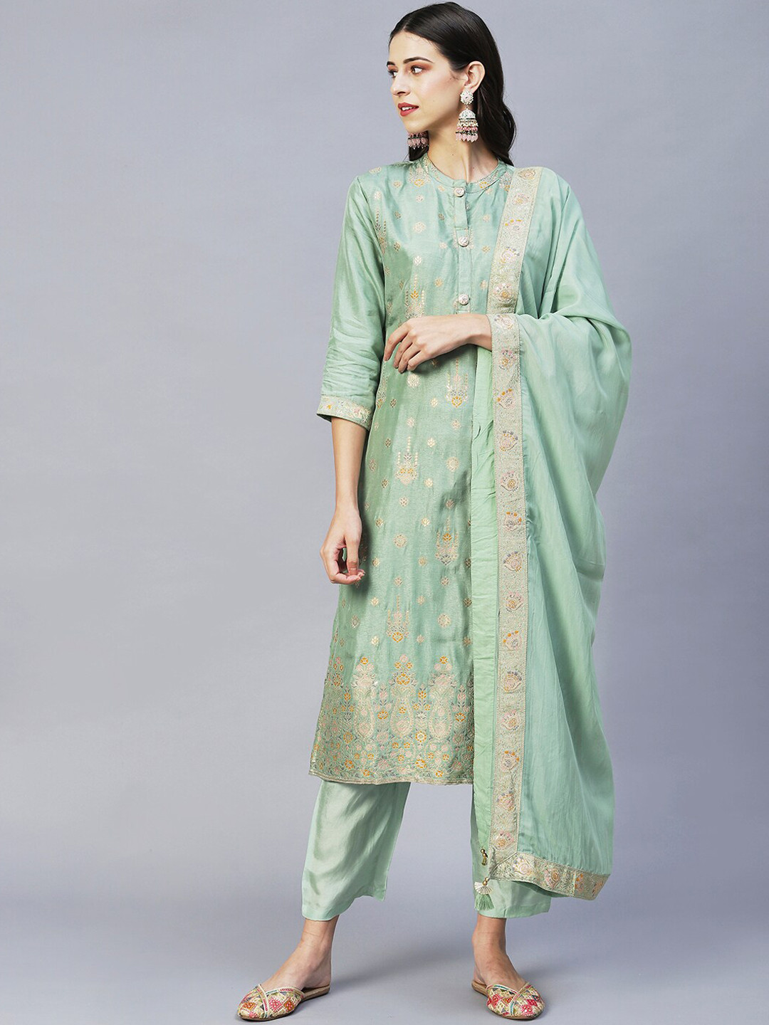 

FASHOR Women Green Ethnic Motifs Printed Kurta with Trousers & With Dupatta