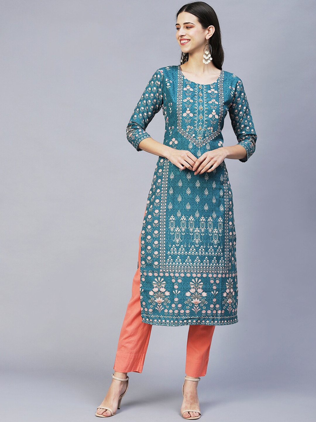 

FASHOR Women Sea Green Ethnic Motifs Printed Straight Fit Cotton Kurta