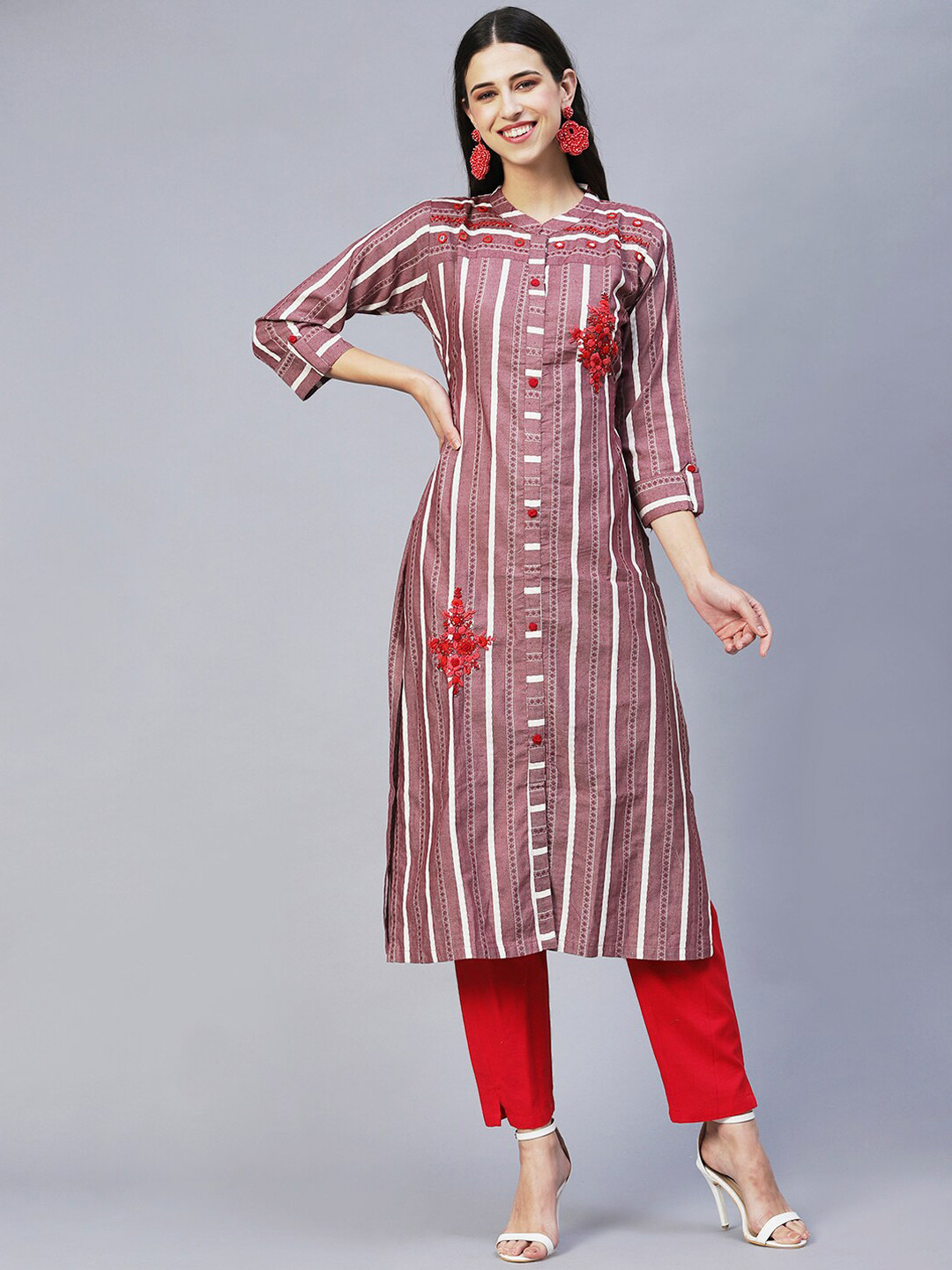 

FASHOR Women Mauve Printed Thread Work Straight Fit Cotton Kurta