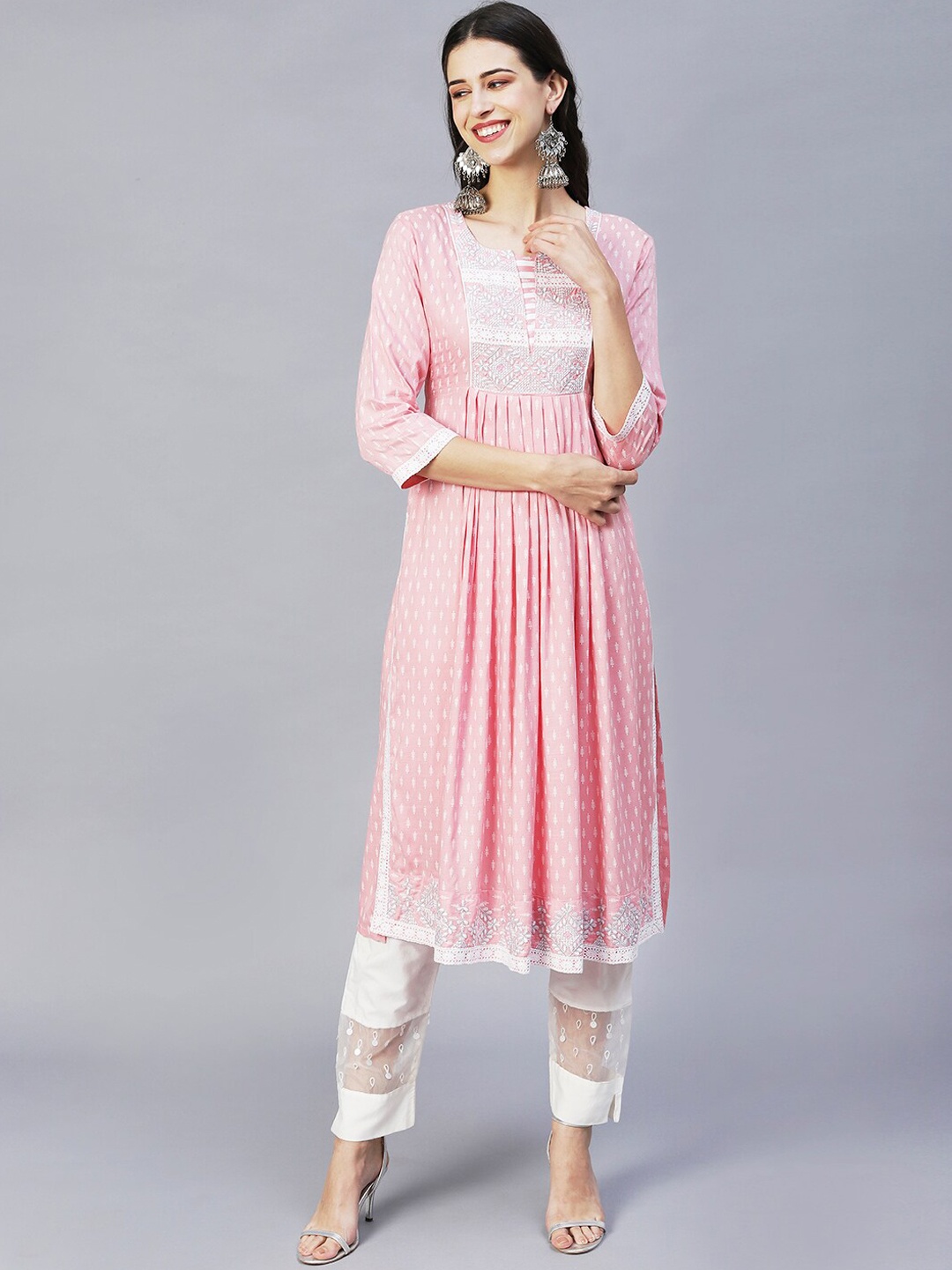 

FASHOR Women Pink Ethnic Motifs Printed A-line Pleated High Slit Kurta
