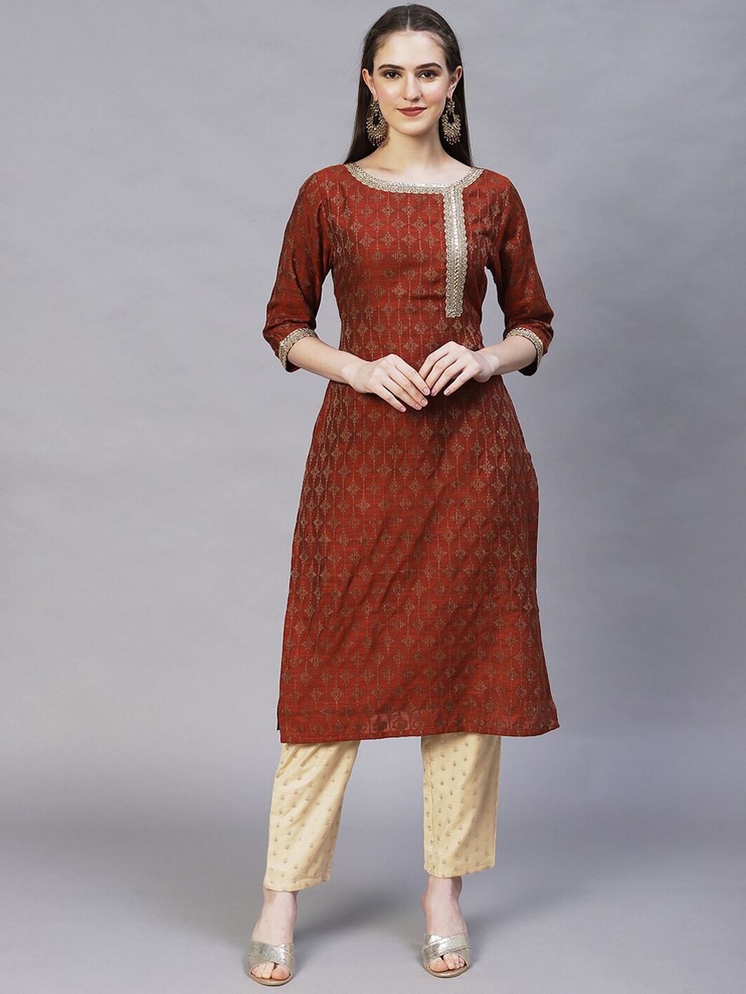 

FASHOR Women Rust Ethnic Motifs Thread Work Chanderi Silk Kurta