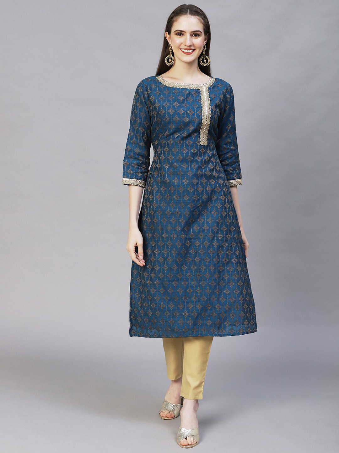 

FASHOR Women Navy Blue Ethnic Motifs Woven Design A-Line Chanderi Silk Kurta