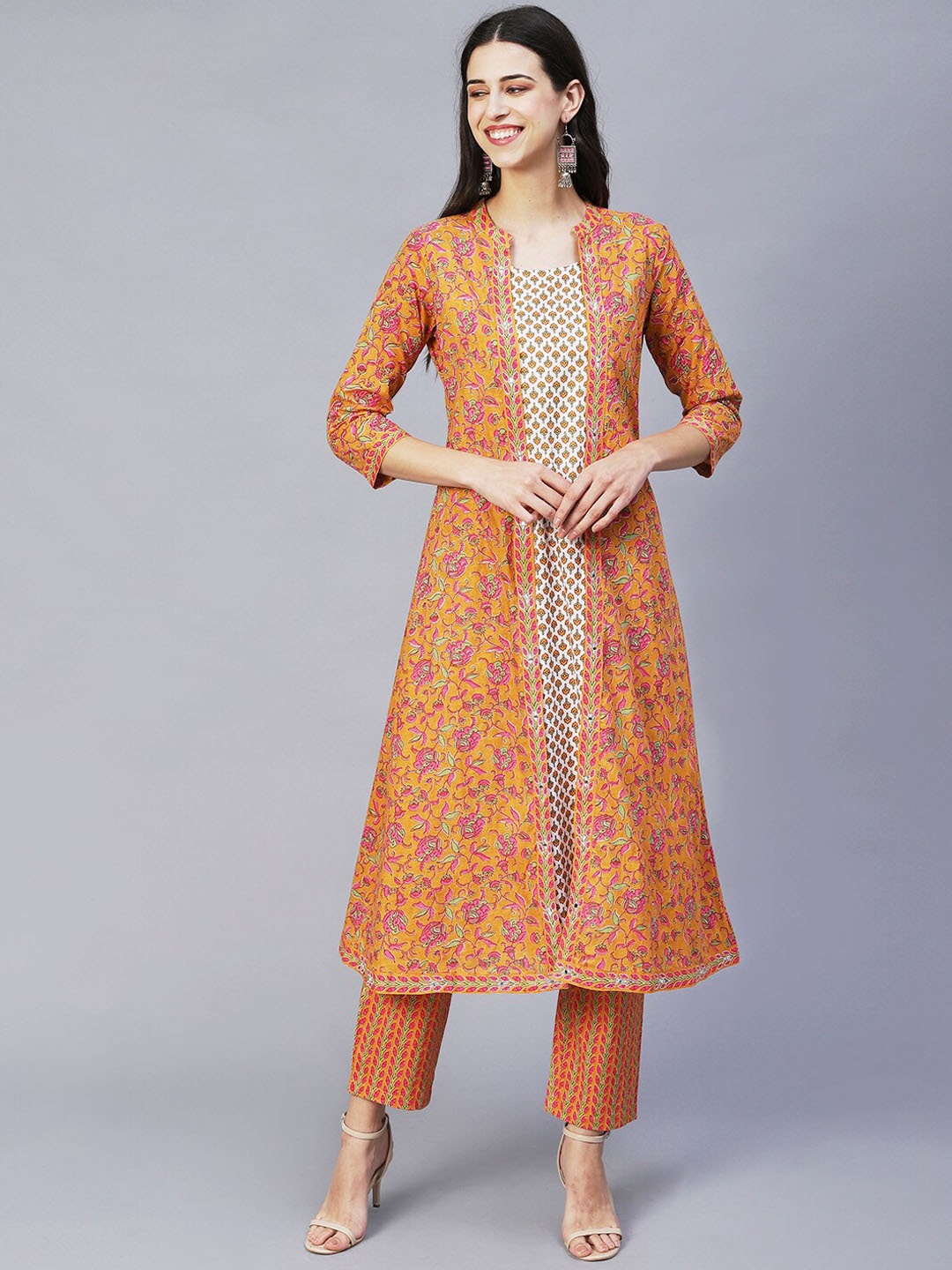 

FASHOR Women Mustard Yellow Ethnic Motifs Printed Pure Cotton Kurta with Trousers