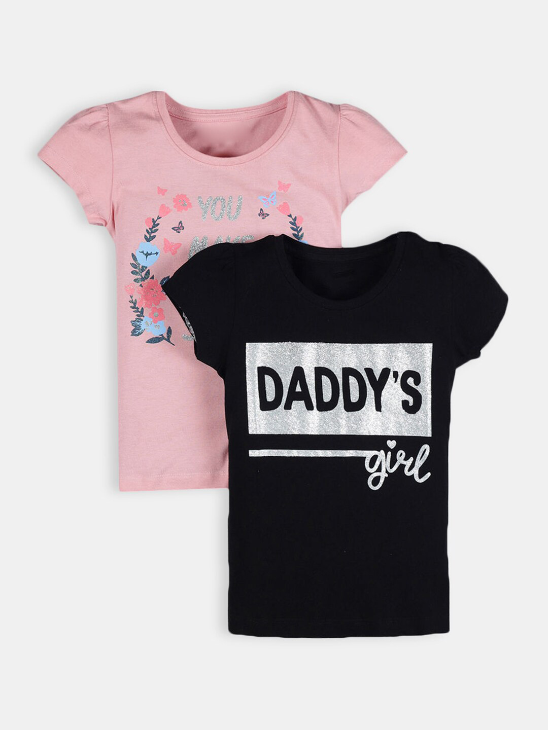

Hopscotch Girls Black Pack Of 2 Printed Puff Sleeves Cotton T-shirts