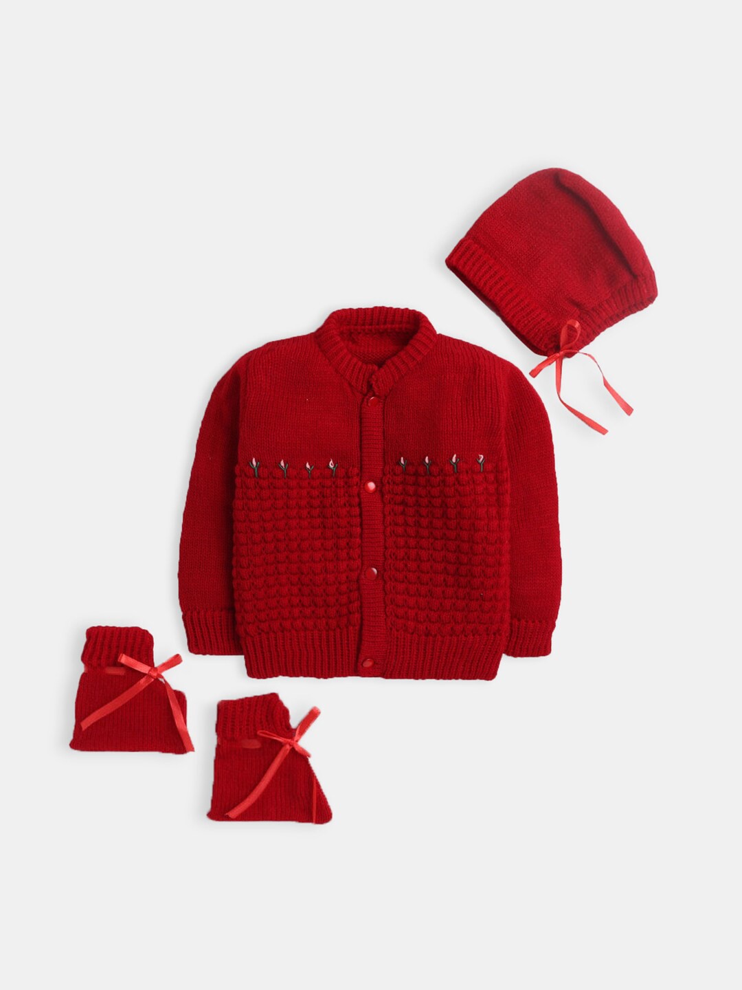 

Hopscotch Unisex Kids Red Ribbed Pure Wool Cardigan with Cap and Bootie