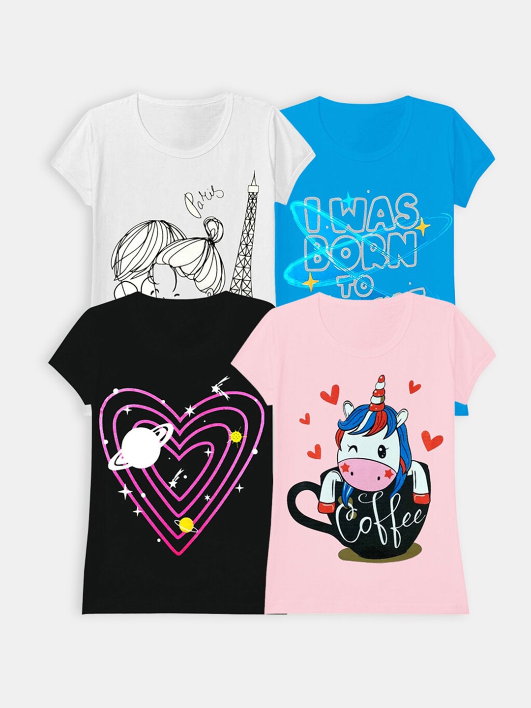 

Hopscotch Girls Pack of 4 White Printed Cotton T-shirt