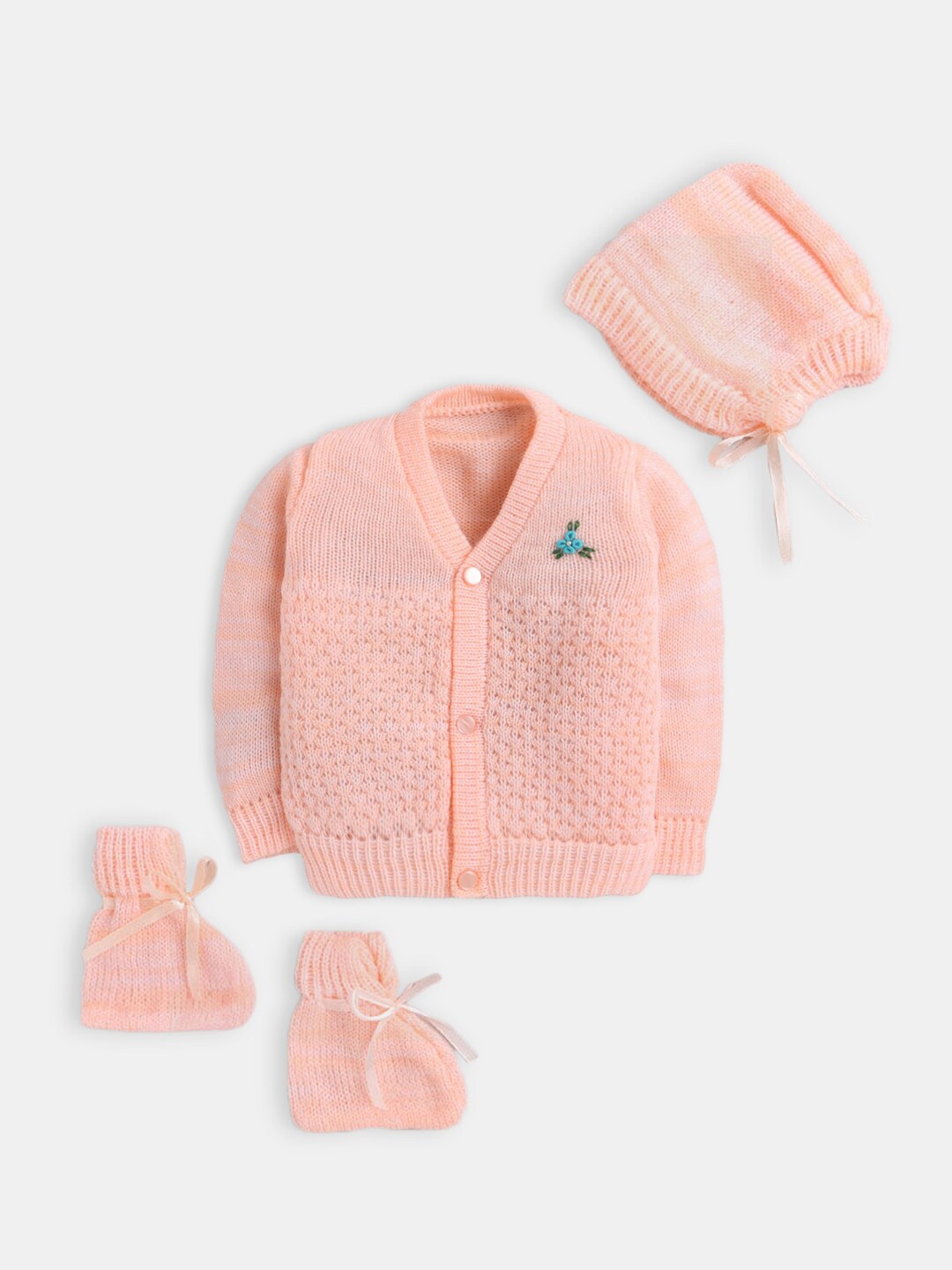 

Hopscotch Kids Peach-Coloured Embroidered Sweater with Cap and Bootie