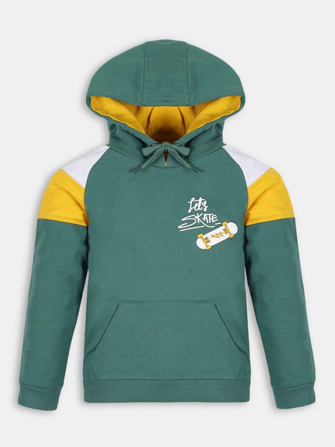 

Hopscotch Boys Green Colourblocked Hooded Cotton Sweatshirt