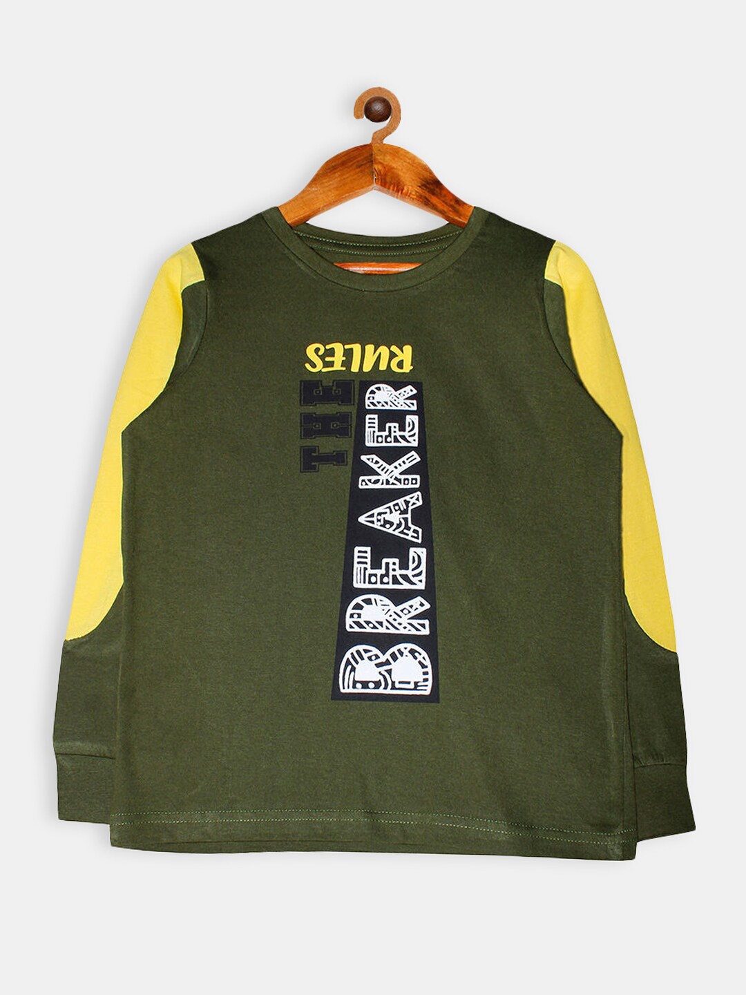 

Hopscotch Boys Olive Green & Yellow Printed Cotton T-shirt
