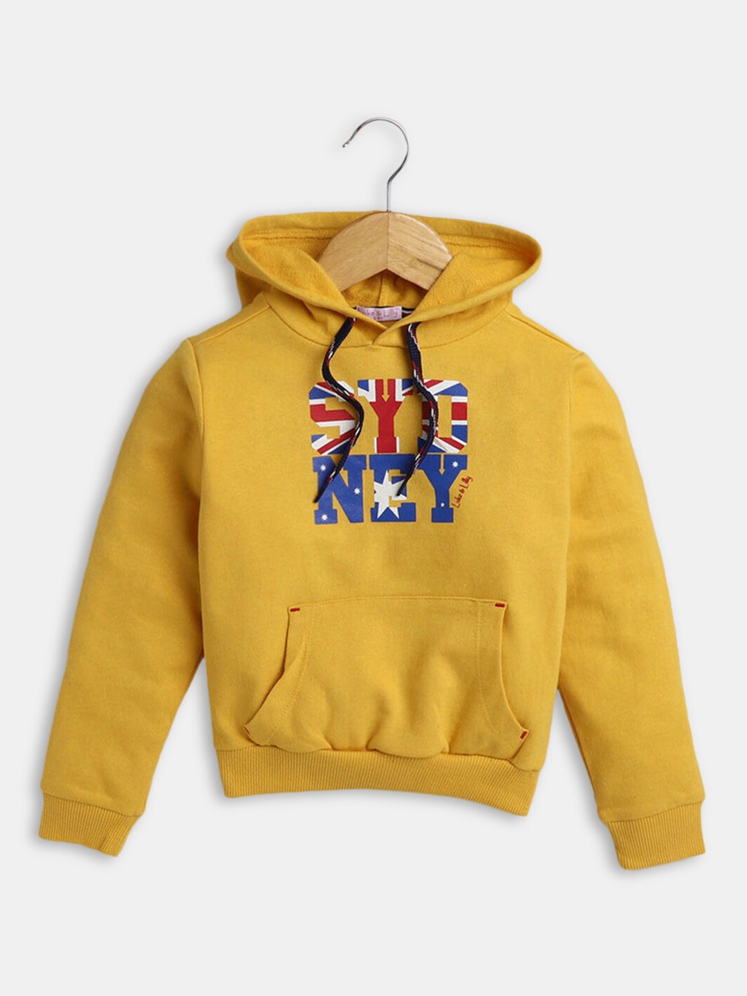 

Hopscotch Girls Yellow Printed Hooded Pure Cotton Sweatshirt