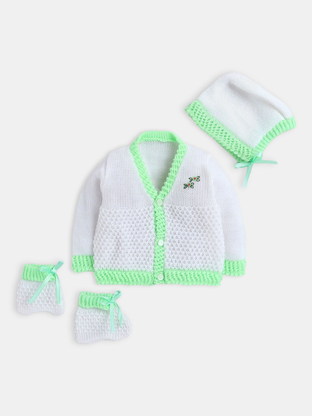 

Hopscotch Unisex Infants Kids Green & White Ribbed Cardigan with Cap and Bootie