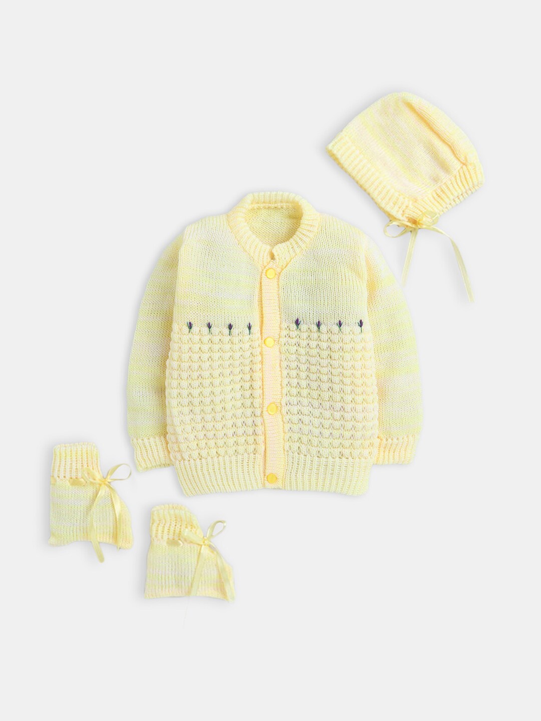 

Hopscotch Unisex Infants Kids Yellow & White Cardigan with Cap and Bootie