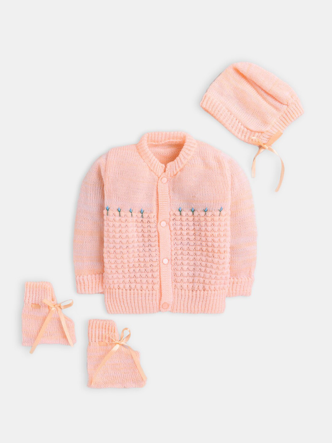 

Hopscotch Infants Girls Peach-Coloured Cardigan with Cap and Bootie