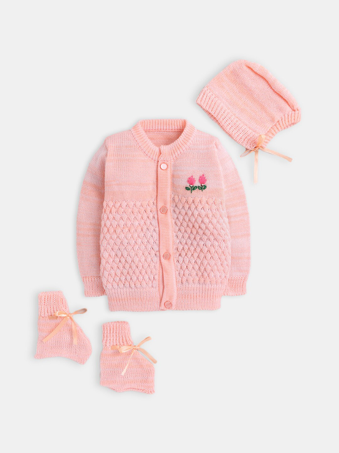 

Hopscotch Infants Girls Peach-Coloured Cardigan with Cap and Bootie