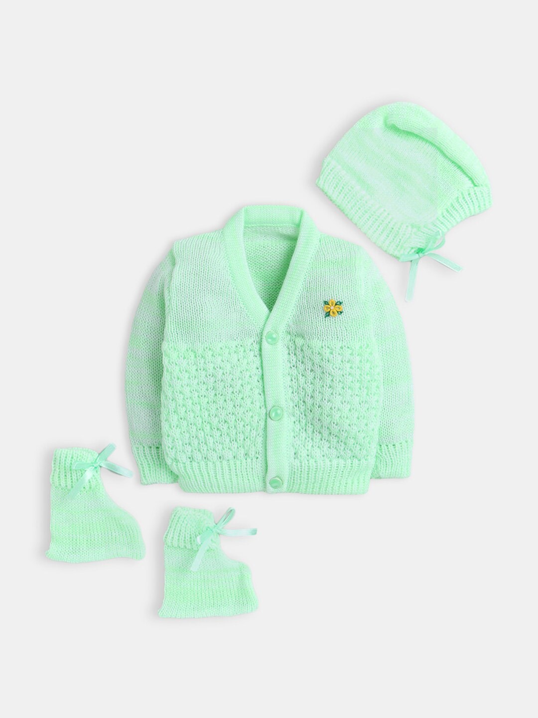 

Hopscotch Unisex Infants Kids Green & Yellow Cardigan with Cap and Bootie