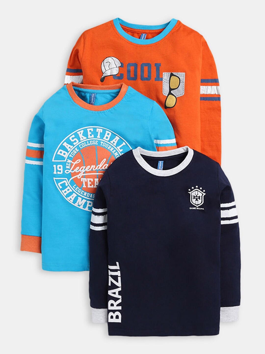 

Hopscotch Boys Pack Of 3 Typography Printed Pure Cotton T-shirt, Navy blue