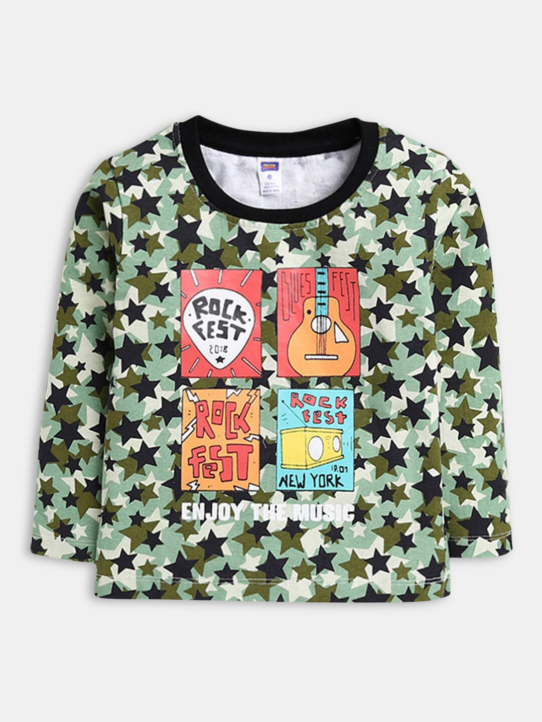 

Hopscotch Boys Green Printed Cotton T-shirt