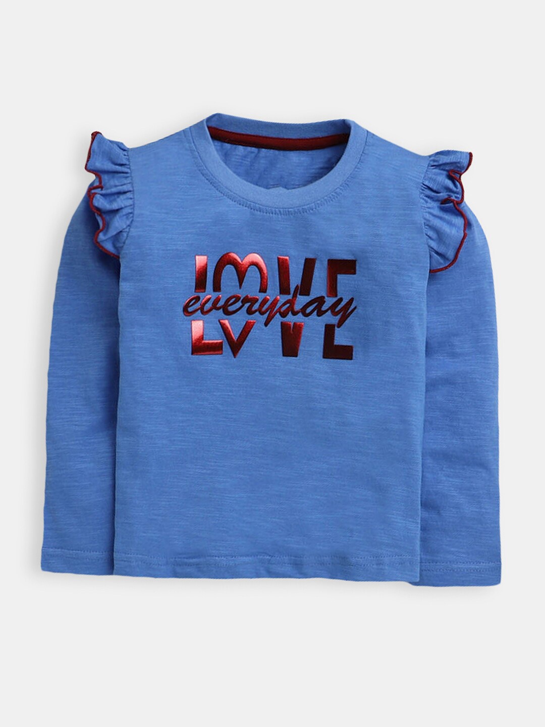 

Hopscotch Girls Blue Typography Printed Ruffle Sleeve T-shirt