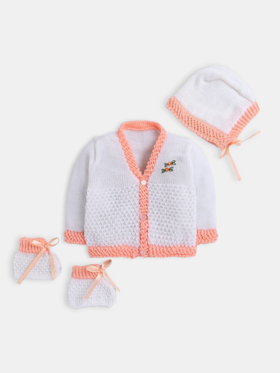 

Hopscotch Unisex Kids White & Peach-Coloured Wool Cardigan