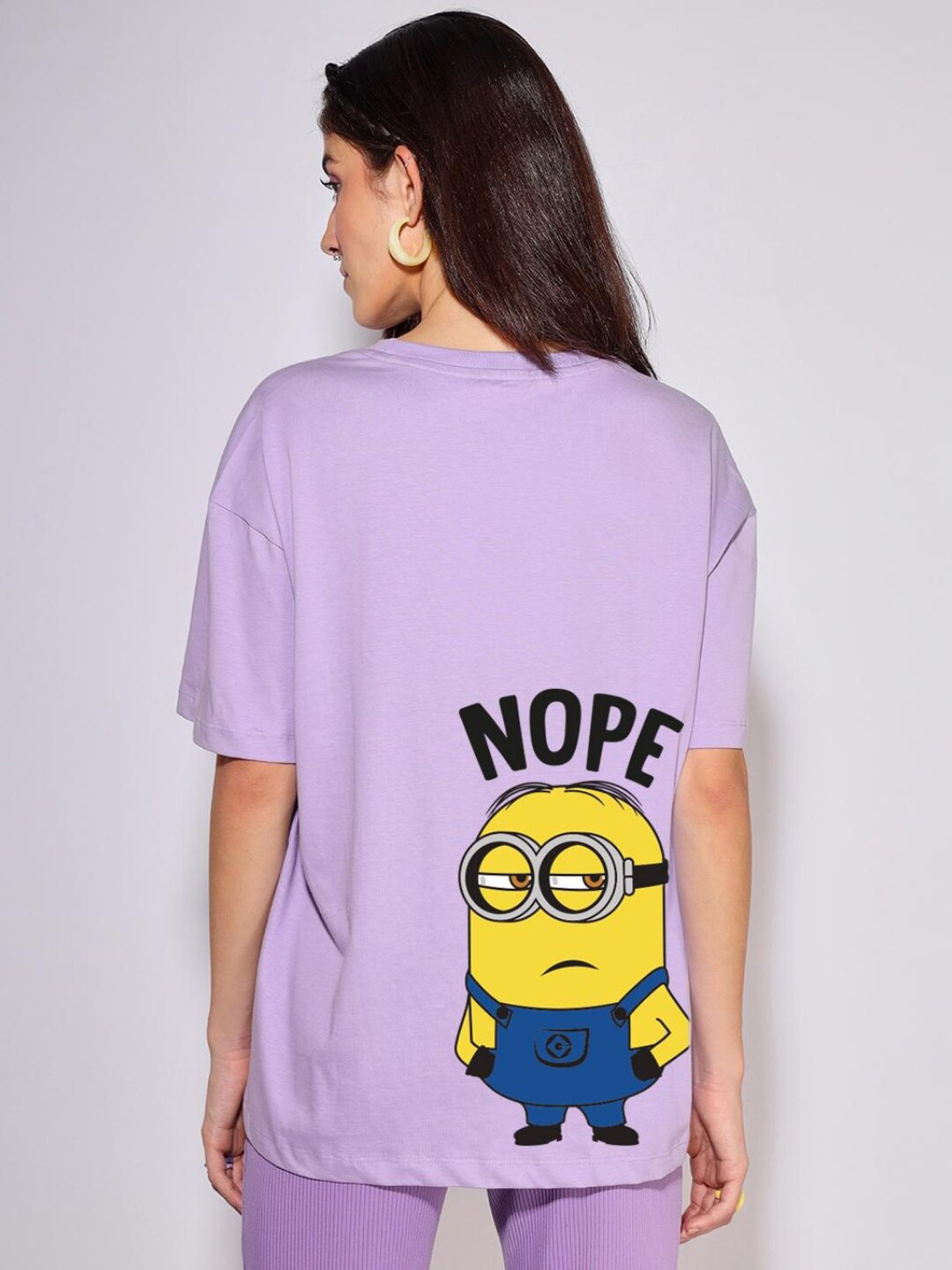 

Bewakoof Women Purple Minions Drop-Shoulder Sleeves Loose Cotton T-shirt