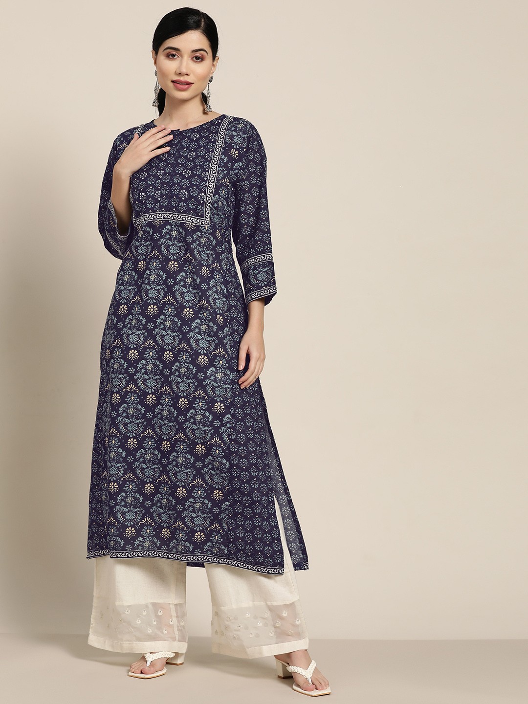 

Rain & Rainbow Women Navy Blue & White Pure Cotton Ethnic Motifs Printed Indigo Kurta