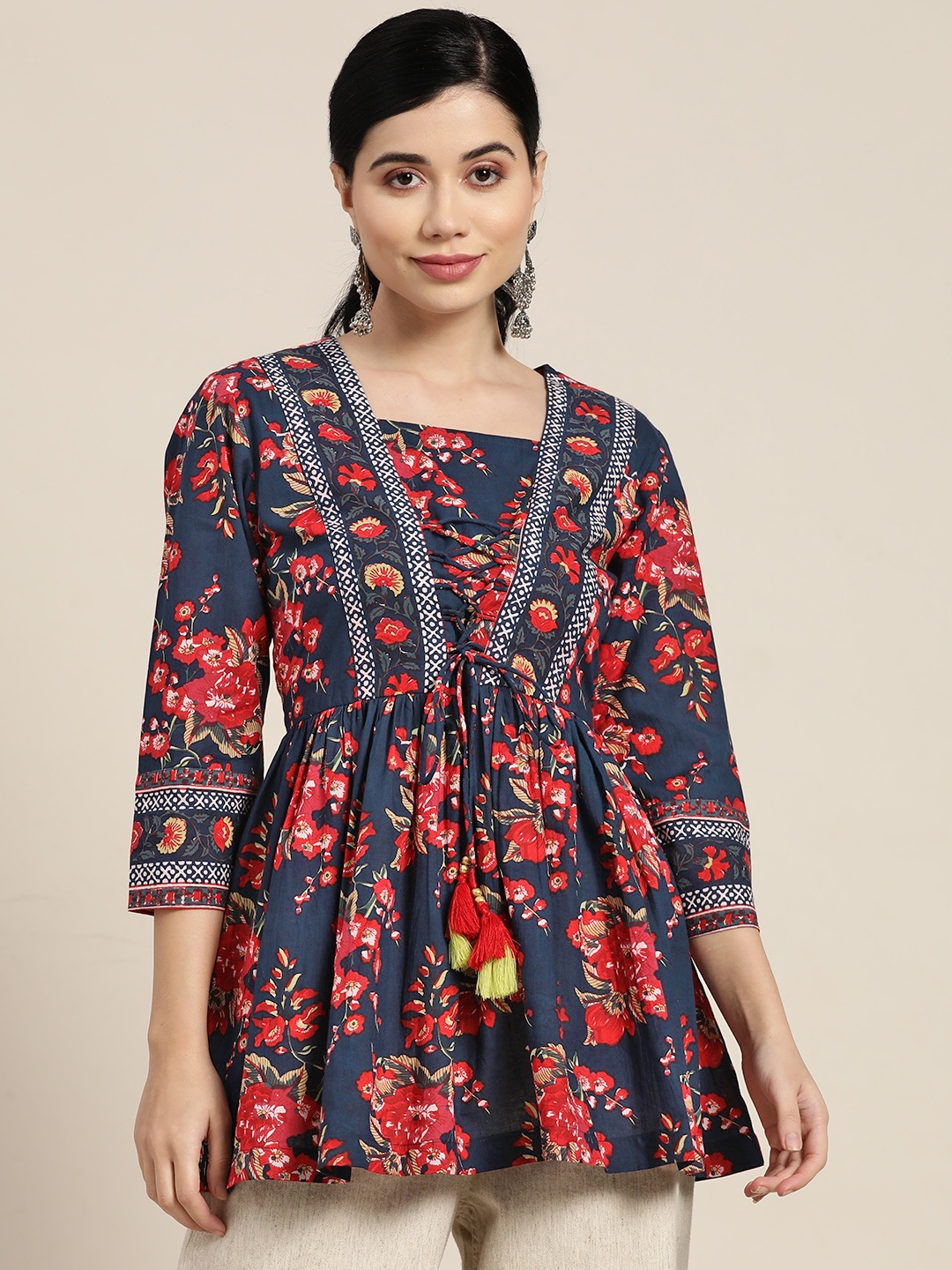 

Rain & Rainbow Blue & Red Floral Print Square Neck Pure Cotton Kurti