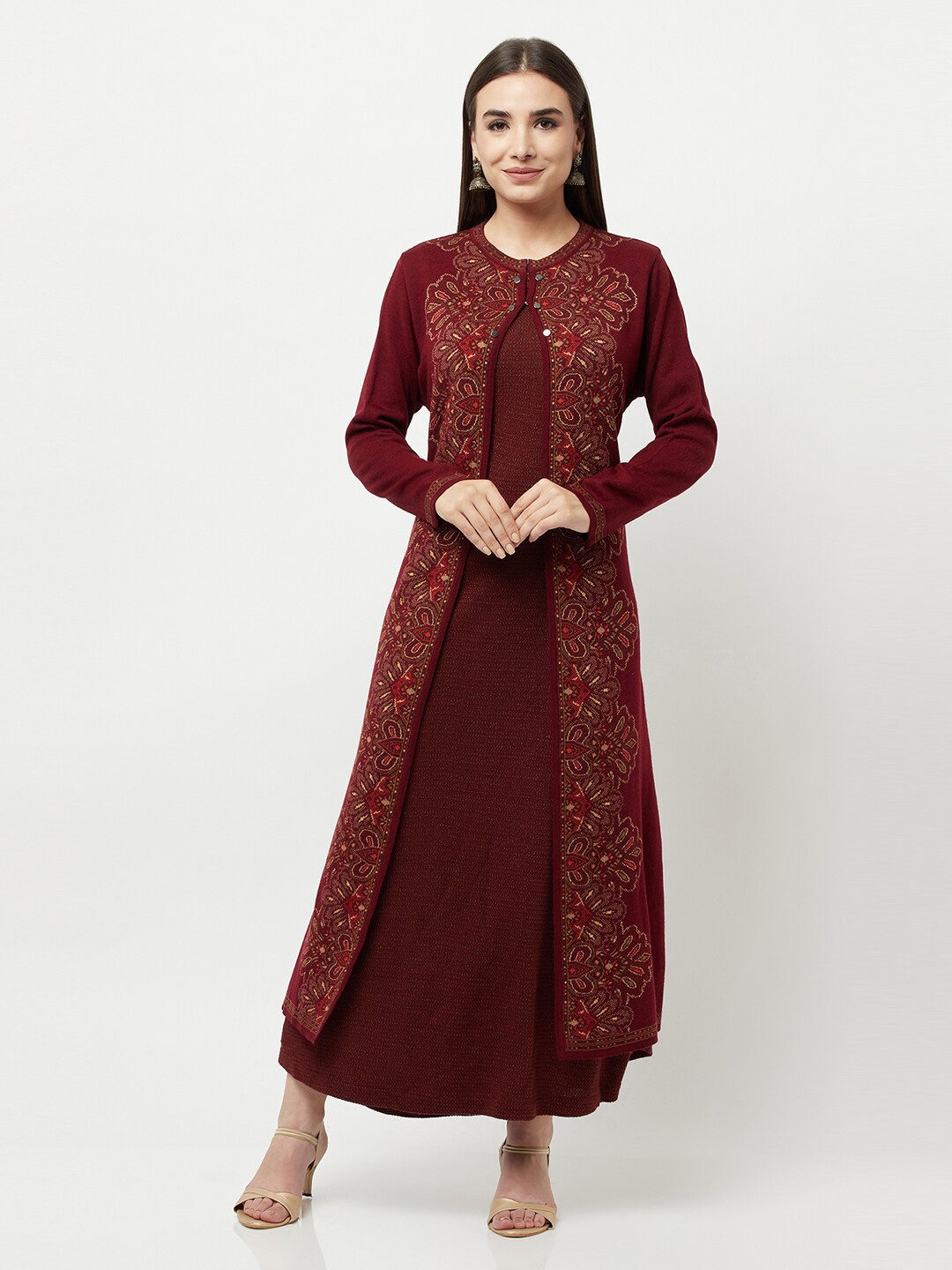 

Knitstudio Women Maroon & Brown Ethnic Longline Shrug