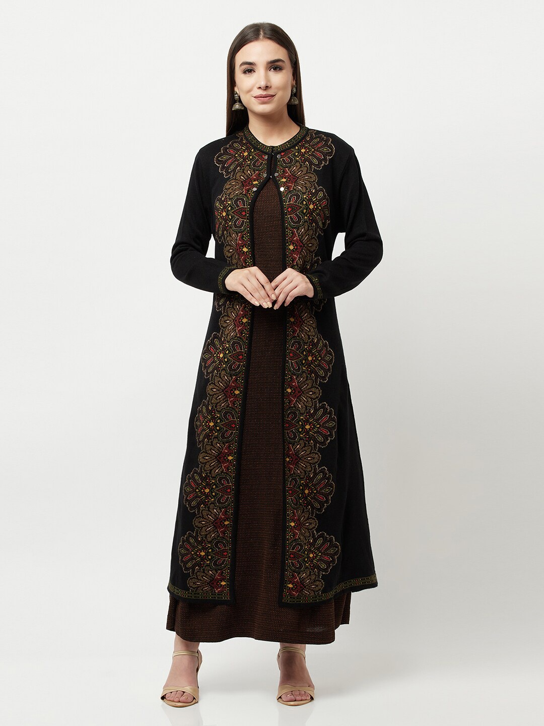 

Knitstudio Women Black & Gold-Toned Ethnic Longline Button Shrug